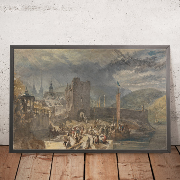 A framed image of A View of Boppart, with Figures on the River Bank (A View of Boppard from the Rhine) by Turner, 1817