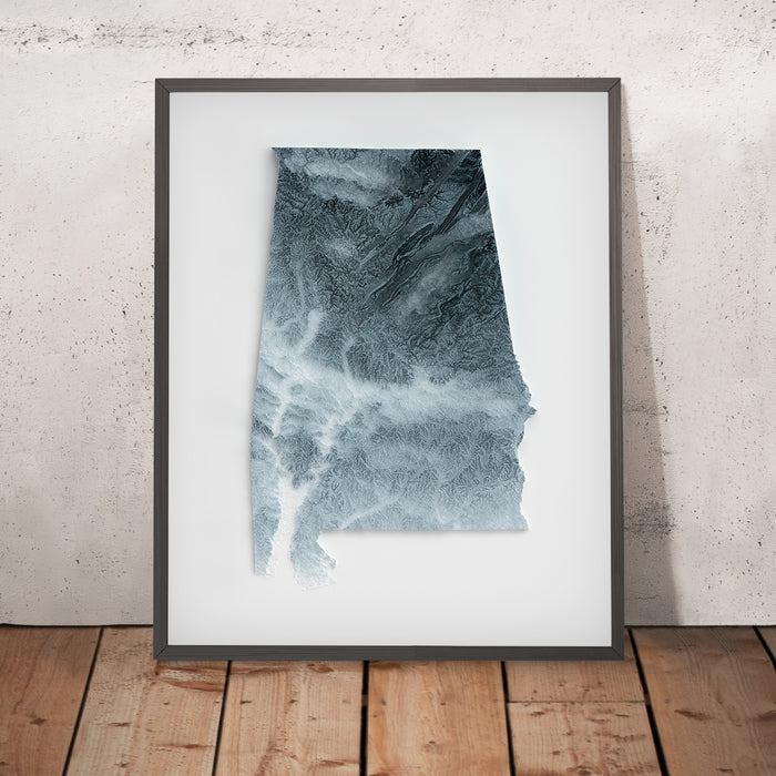 A framed image of a 3D style topographic relief map ofAlabama
