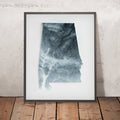 A framed image of a 3D style topographic relief map ofAlabama