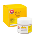 A close-up of the Balance Body Cream packaging, featuring a vibrant yellow label with prominent text and a cannabis leaf icon.