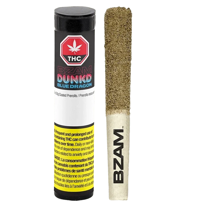 Close-up of the Blue Dragon Terp Infused Pre Rolled 3 x 0.5 g packaging, showcasing bold graphics against a dark background.