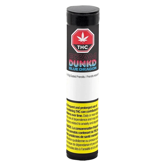 Front view of the Blue Dragon Terp Infused Pre Rolled 3 x 0.5 g package with a red and black design and prominent THC symbol.