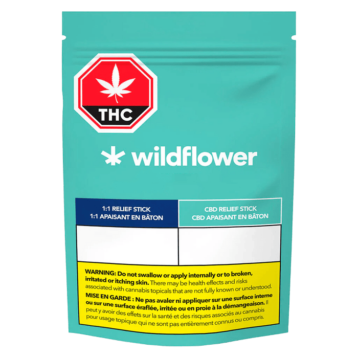 Front view of the Wildflower CBD Relief Stick (205 mg) packaging, featuring a colorful label and warning text.