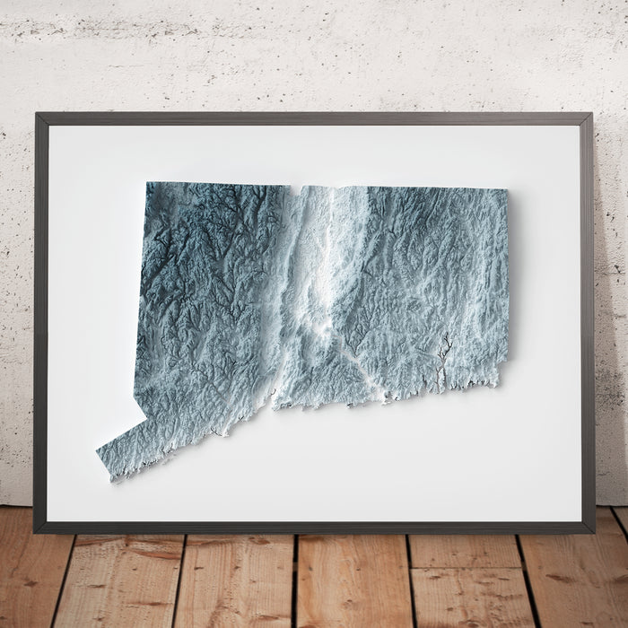 A framed image of a 3D style topographic relief map ofConnecticut