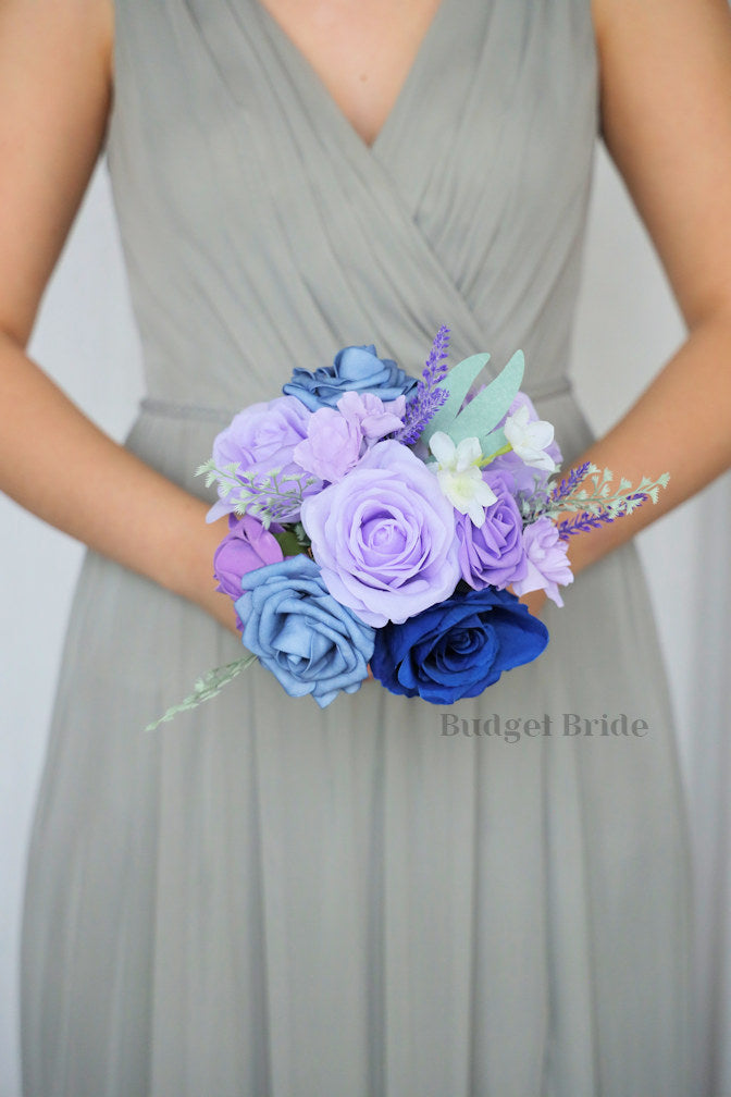 Brides Bouquet with lavender, royal blue, steel blue, wisteria with lavender fronds and anemones and sage greenery