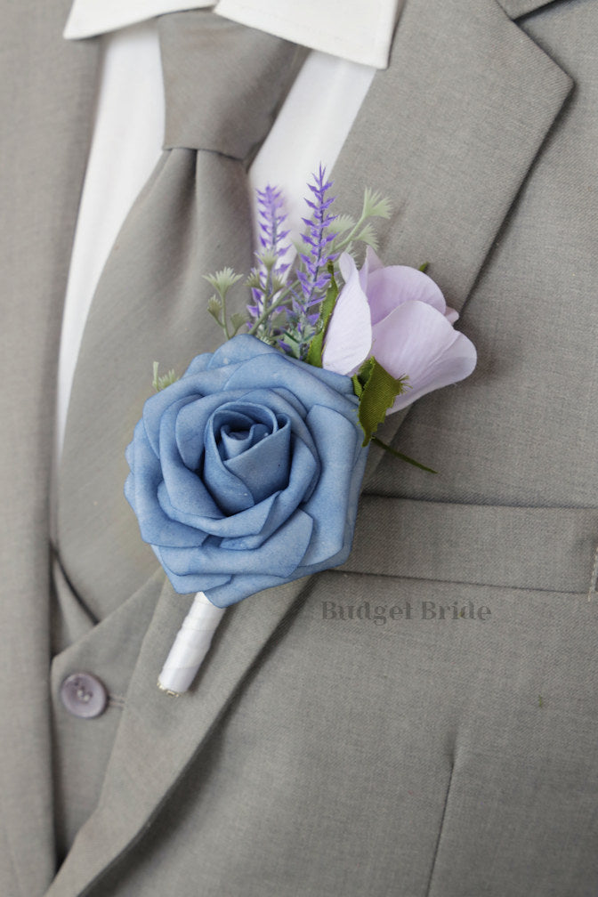 Mens Lapel Boutonniere with steel blue and lavender rose