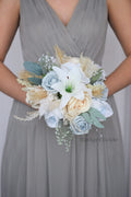 Dusty Blue and Peach Artificial Wedding Bouquet - $65.00 | Vibiana