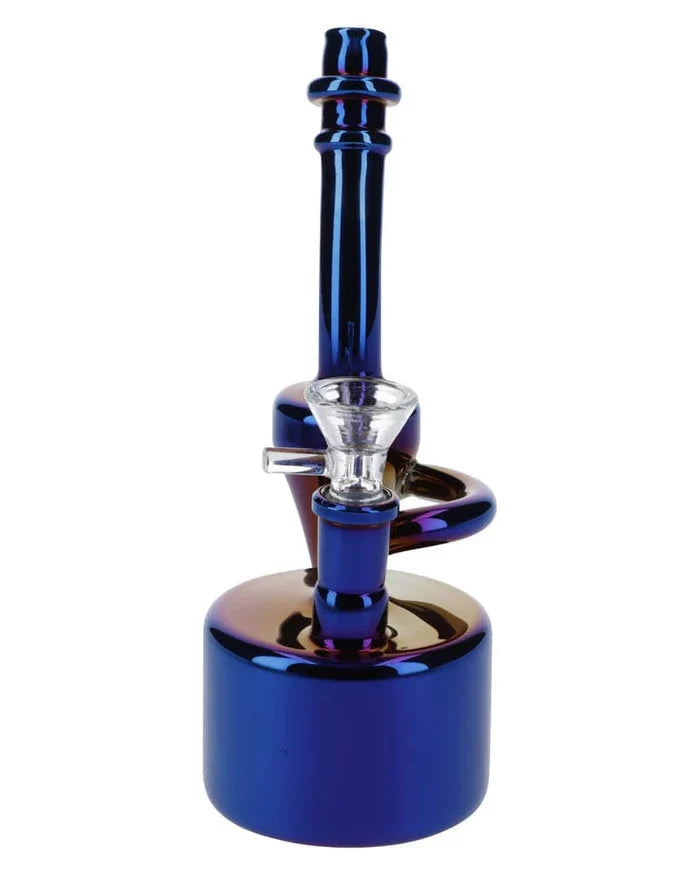 Front view of the 6-inch Electronic Painting Bubbler withBowl & Quartz, showing its iridescent blue glass construction.