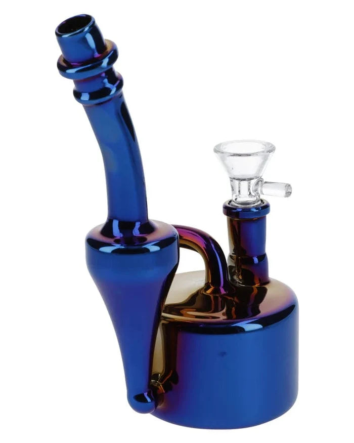 Front view of the 6-inch Electronic Painting Bubbler withBowl & Quartz, displaying an iridescent blue glass design.