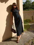 Elodie - Hemp Seersucker Midi Dress | Black-Image 1