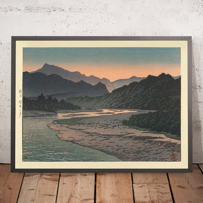 A framed image of Evening at Minano, Chichibu by Hasui Kawase, 1935