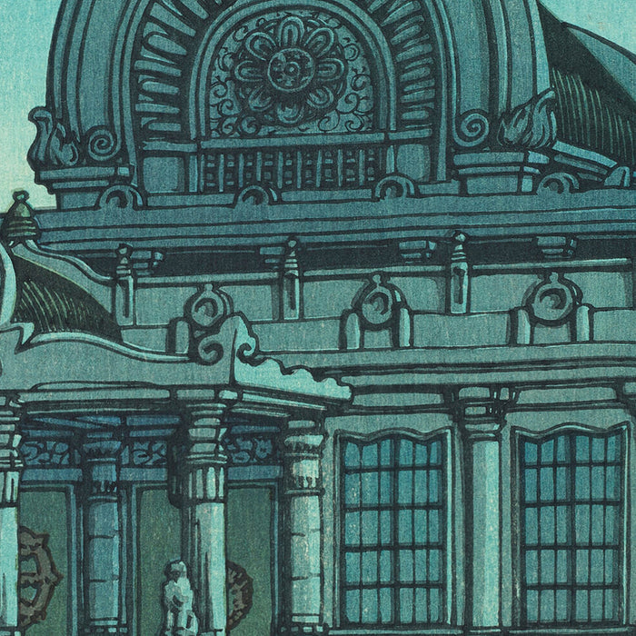Evening Moon at Honganji Temple in Tsukiji by Hasui Kawase 1935