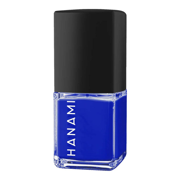 Blue nail polish bottle with black cap on a white background.