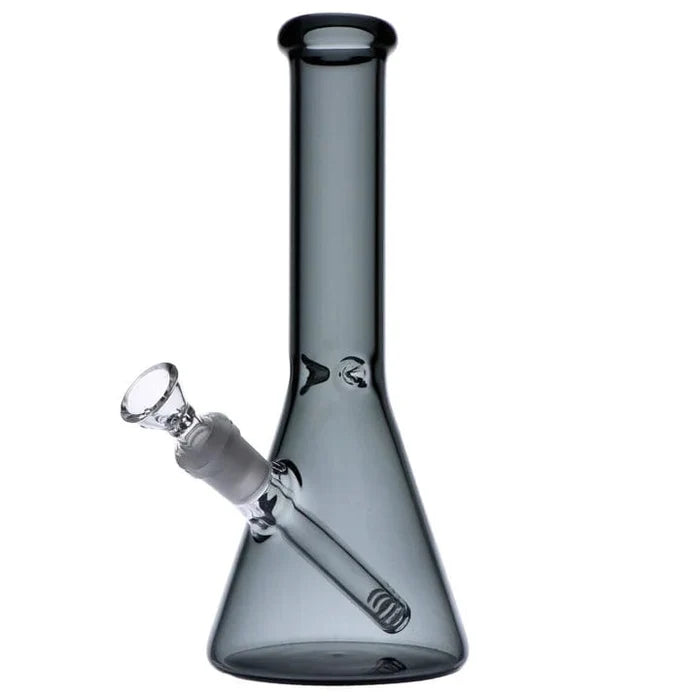 A front view of the 10-inch Everyday Essentials Beaker Bong in smoke-colored glass, with a classic beaker shape.