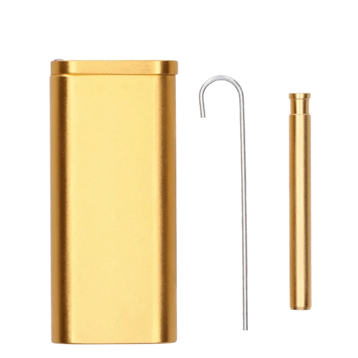 A straight-on view of the 4-inch gold Everyday Essentials Dugout, showing a cylindrical design with a sleek, metallic finish.