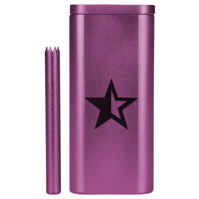 Close-up front view of the Famous X Aluminum Dugout - Purple showing its metallic purple finish, black star logo, and matching purple poker beside it.