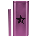 Close-up front view of the Famous X Aluminum Dugout - Purple showing its metallic purple finish, black star logo, and matching purple poker beside it.