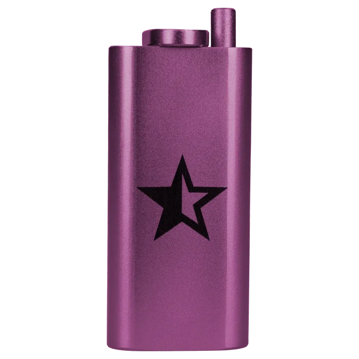 Close-up front view of the purple Famous X Aluminum Dugout - Purple showing its metallic finish and black star logo.