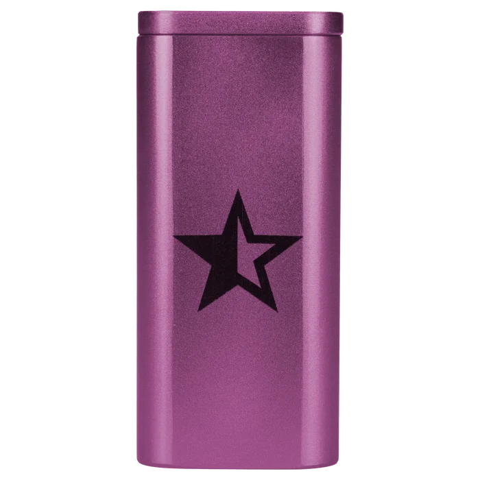 Close-up front view of the Famous X Aluminum Dugout - Purple showing its metallic purple finish and black star decal.