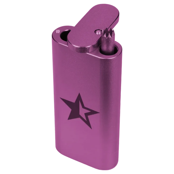 Angled close-up of the purple Famous X Aluminum Dugout - Purple showing its hinged lid, star logo, and built-in poker tool.