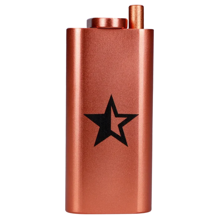 Top-front view of the Famous X Aluminum Dugout - Rose Gold showing its metallic rose-gold finish and black star logo.