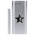 Close-up front view of the Famous X Aluminum Dugout - Silver showing its metallic silver finish, a black star logo, and a matching silver bat beside it.