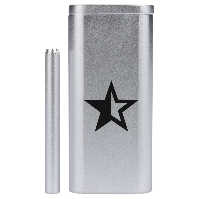 Close-up front view of the Famous X Aluminum Dugout - Silver showing its metallic silver finish, a black star logo, and a matching silver bat beside it.