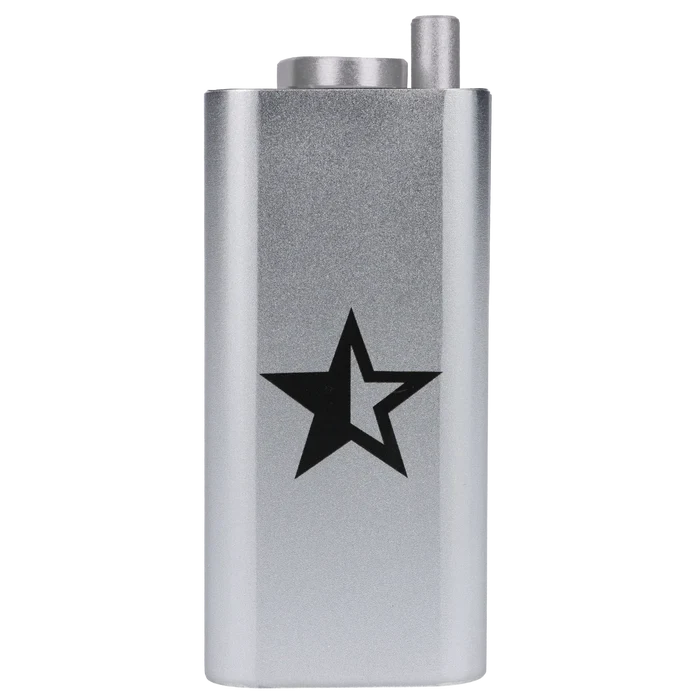 Close-up front view of the Famous X Aluminum Dugout - Silver showing its metallic finish and a black star logo near the center.