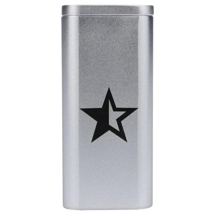 Straight-on view of the silver Famous X Aluminum Dugout - Silver showing its rectangular top-to-bottom profile and a black star graphic centered on the front.