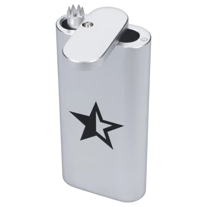 Angled close-up of the silver Famous X Aluminum Dugout - Silver showing the flip lid, dual chambers and black star logo.