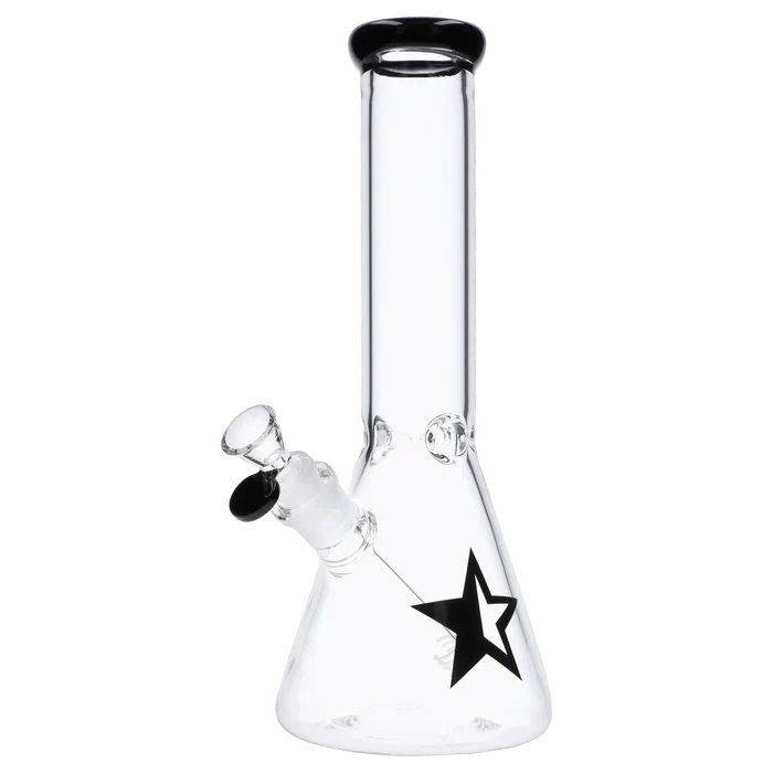 A front view of the 12-inch Famous X Beaker Water Pipe, showcasing its clear glass construction and simple beaker shape.