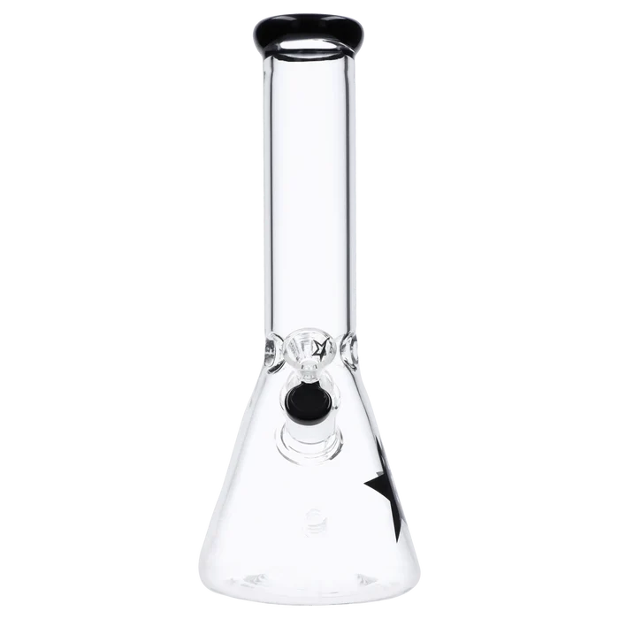 A front view of the 12-inch Famous X Beaker Water Pipe, showcasing its clear glass construction and simple beaker shape.