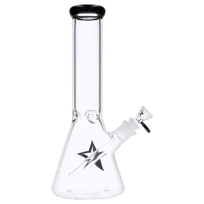 Front view of the 12-inch Famous X Beaker water pipe, displaying its clear glass construction and classic beaker shape.