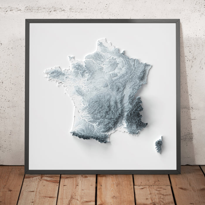A framed image of a 3D style topographic relief map ofFrance
