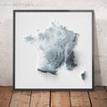 A framed image of a 3D style topographic relief map ofFrance