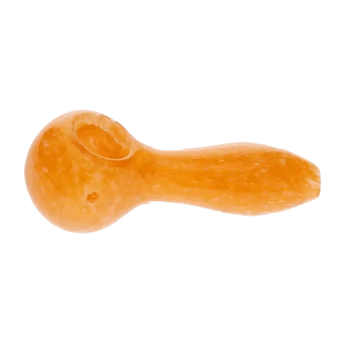 A side view of the Frit Speckled Spoon Pipe - Assorted, showing a speckled glass bowl with a curved design.