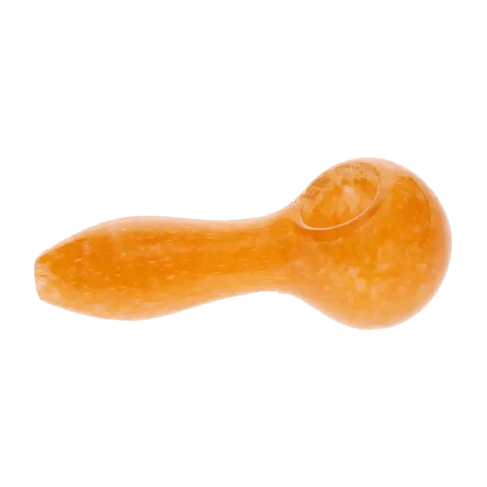A close-up view of the Frit Speckled Spoon Pipe - Assorted, showcasing its speckled glass design from a slightly angled perspective.
