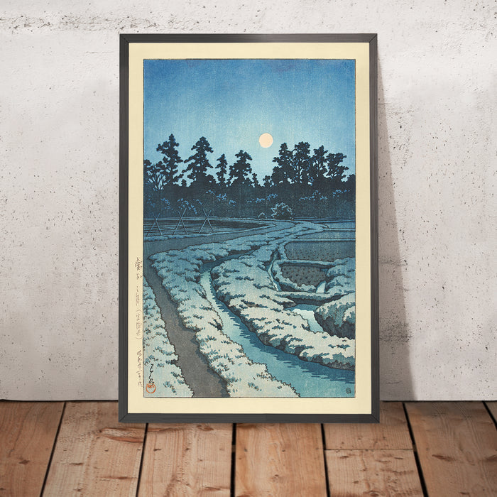 A framed image of Full Moon at Ayashi by Hasui Kawase 1935