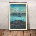 A framed image of Moon on the Arakawa River in Akabane by Hasui Kawase, 1935