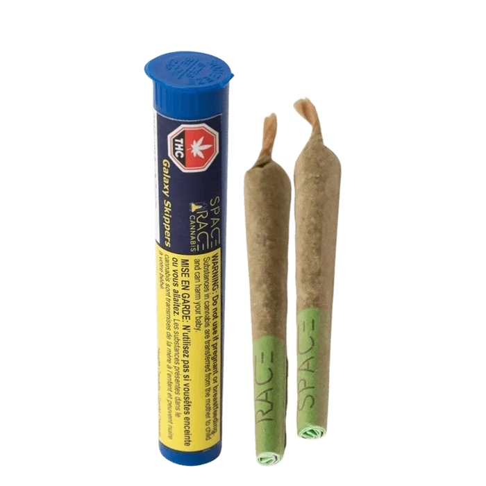 A close-up shows the packaging for Galaxy Skippers Pre Rolled 2 x 0.4 g, with a warning label visible against a dark background.