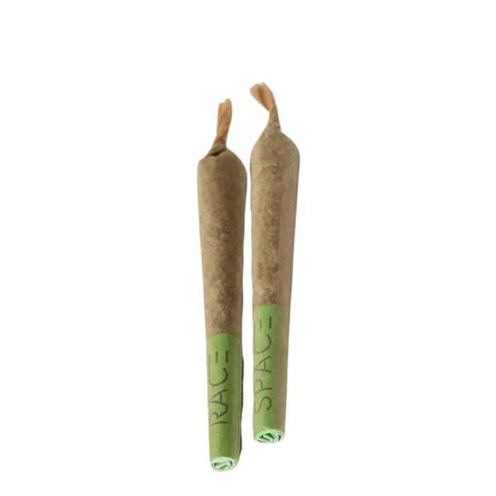 A close-up shot of two Galaxy Skippers Pre Rolled 0.4 g joints, angled slightly against a plain white background.
