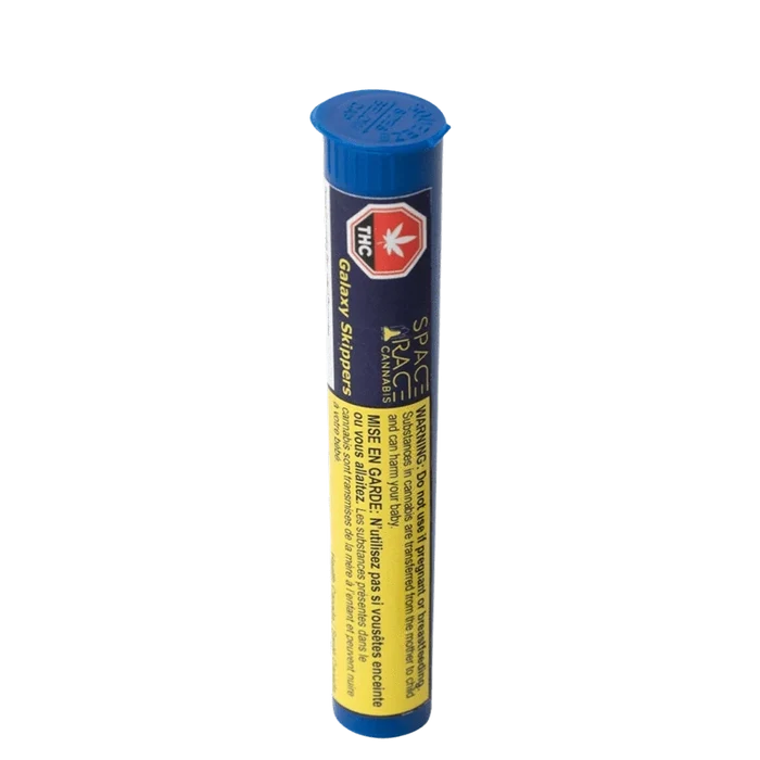 Front view of the Galaxy Skippers Pre Rolled 2 x 0.4 g packaging with bold text on a dark background.