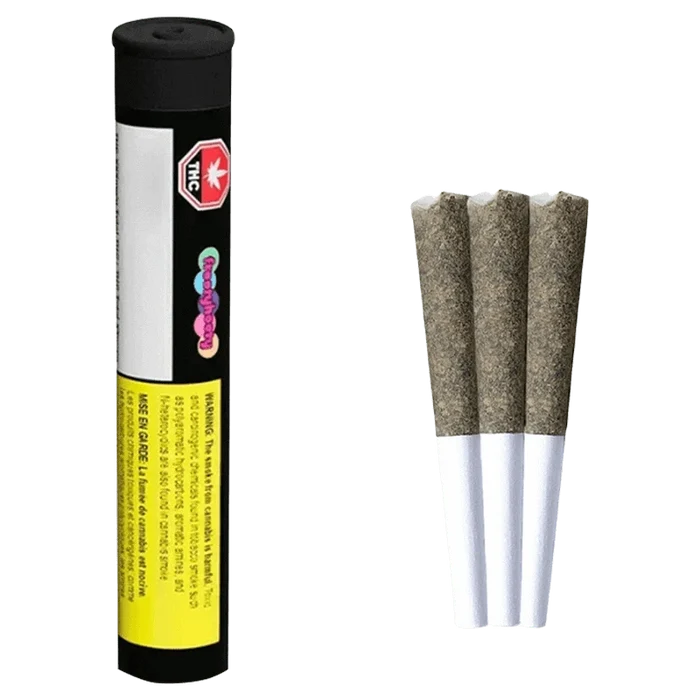 Right-side view of three pre-rolls next to a standing black tube of Gargantuan Grape Amplified Infused PR 3 x 0.5 g.