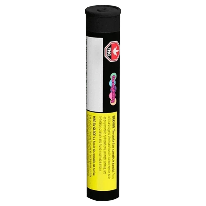Straight-on view of a black tube labeled "Gargantuan Grape Amplified Infused PR 3 x 0.5 g" with a vertical white panel, yellow warning label and a red THC symbol.