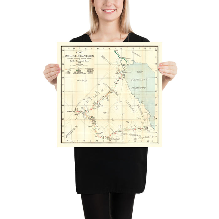 German Traveler’s Map of Arabia by Raunkiaer, 1912: Riyadh, Kuwait, Persian Gulf, Caravan Routes, Deserts
