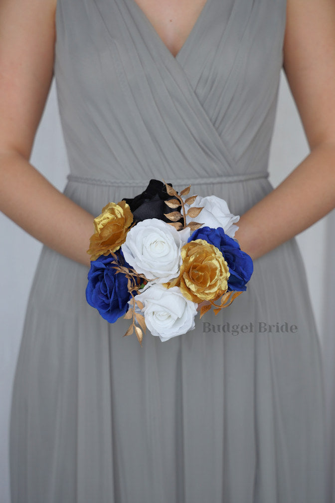 Royal blue, gold, black and white fake rose wedding flower brides bouquet with gold leaves