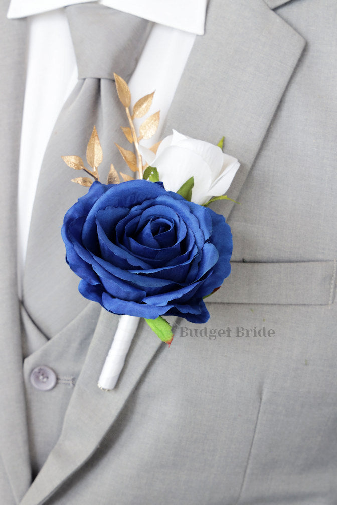 Royal blue and white rose lapel mens boutonniere with gold leaf