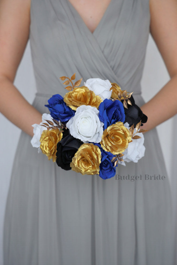 Royal blue, gold, black and white fake rose wedding flower brides bouquet with gold leaves