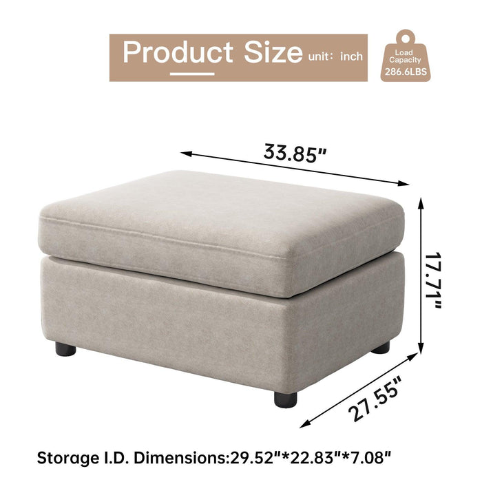 Minimalist design ottoman with a concealed storage compartment, high-elastic foam filling, and versatile usage options for any room.