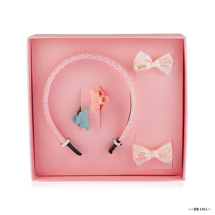 HDC 5 pieces Hair Accessories Gift Set with 1 Crystal Beaded Hair Band, 2 Bow Hair Ties & 2 Mini Clamps - Pink